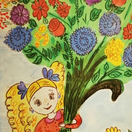 Девочка с цветами открытка котик