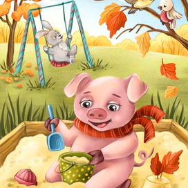 Свинка строит башенки из песка