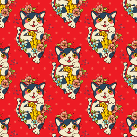 Манеки неко. Японская кошка счастья. Бесшовный орнамент, паттерн.