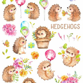 Акварельные ежики с цветами