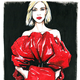 Фешн иллюстрация на черном фоне. Девушка в красном. 