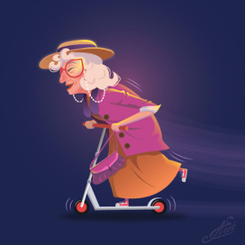 Озорная бабуля рассекает на самокате.