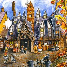 Деревня Хогсмид в период празднования Хеллоуина.Гарри Поттер