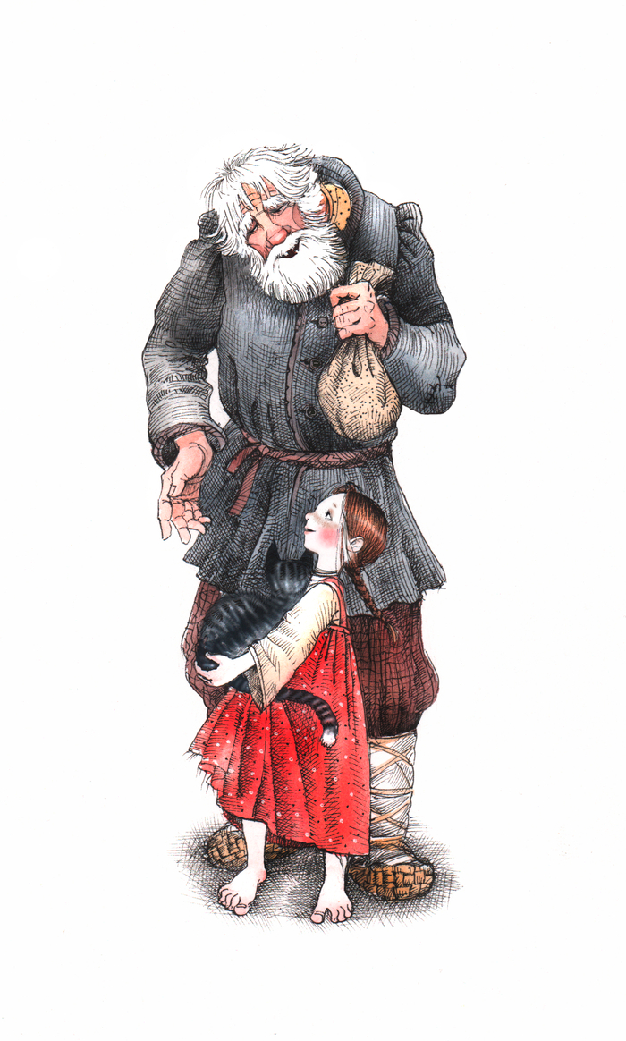 Дедушка и девочка с кошкой.