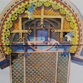 Эскиз настенной росписи. Спроектированный дизайн-проект фасада общежития, от института. (акварель,акрил) 2020г.