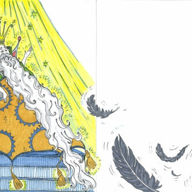 длиннобородый король в золотых лучах и перья от упавшего вниз ворона