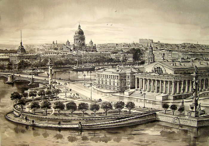 СТРЕЛКА  ВАСИЛЬЕВСКОГО  ОСТРОВА - ГРИЗАЙЛЬ