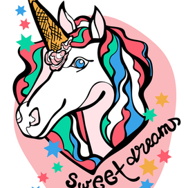 Unicorn. White Horse and ice-cream cone. Stars.