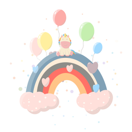 Cute minimalistic Happy Birthday unicorn illustration with rainbow, clouds and balloons