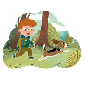 Мальчик и щенок в лесу