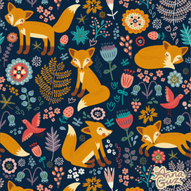 Паттерн бесшовный с лисами и цветами