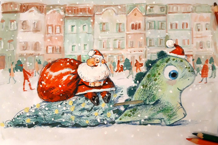 Динозаврик везет деда мороза