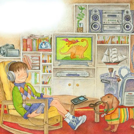 Иллюстрация к детской энциклопедии техники. Мальчик в гостиной.