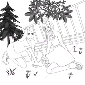 Раскраска "Девочки играют с котенком"