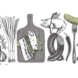 Набор продуктов для копчения. маринадов и солений. Ручная графика в винтажном стиле