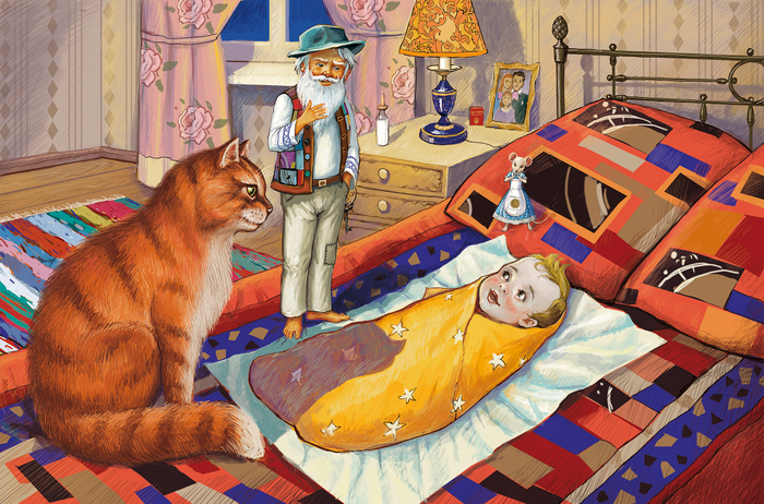 Домовой, кот и мышка Аришка знакомятся с ребенком.