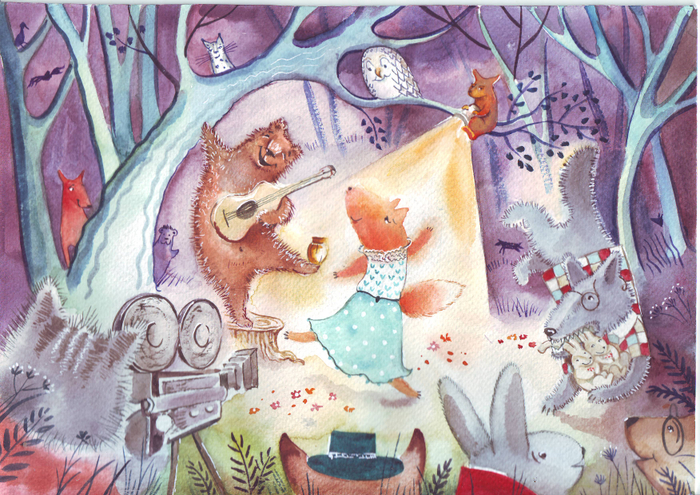 История о том, как медведь, волк, заяц и лиса в лесу кино снимали.