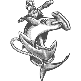 Hammerhead Shark and Ship Anchor Tattoo in Engraving Style