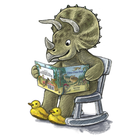 Трицератопс в домашних тапочках читает книгу