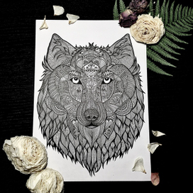 Волк в стиле зентангл 