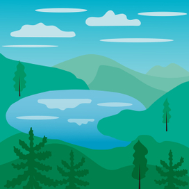 Горный пейзаж с озером в стиле флэт 