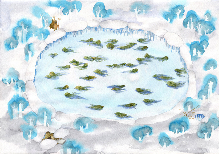 Весенняя проталина с травяными головами молодых кикимор.