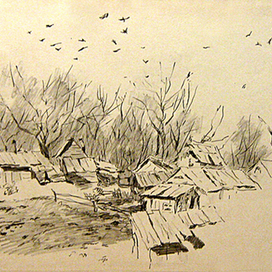 Зарисовка художника, деревенский пейзаж