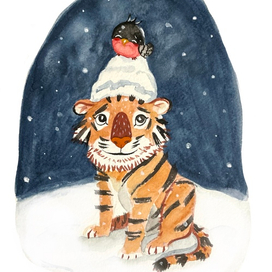 Новогодняя открытка «Тигр и снегирь»