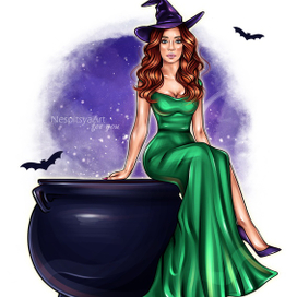 a beautiful witch girl is sitting on a cauldron 