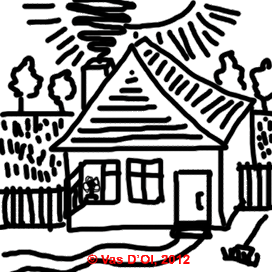 Домик, грабли у входа