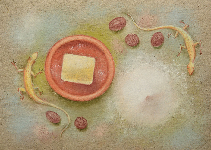 Ящерки, мука, масло, мускатный орех.