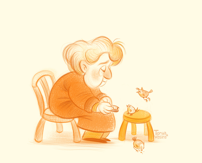 Бабушка, кормит птиц