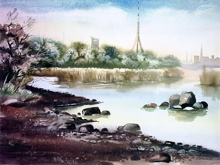 Берег Даугавы с видом на Ригу,,Этюд