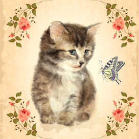 Открытка с котенком и бабочкой в винтажном стиле