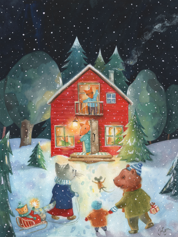 Зимний лисий дом. Акварель.