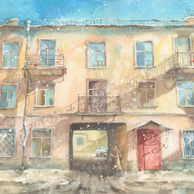 Санкт-Петербург. Снежный город. Акварель.