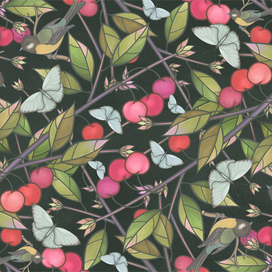 Синички среди веток черешни. Иллюстрация. Цифровая живопись