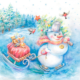 Новогодняя открытка со снеговиком с подарками