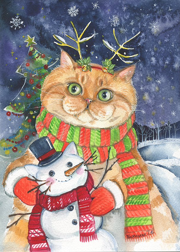 Кот со снеговиком