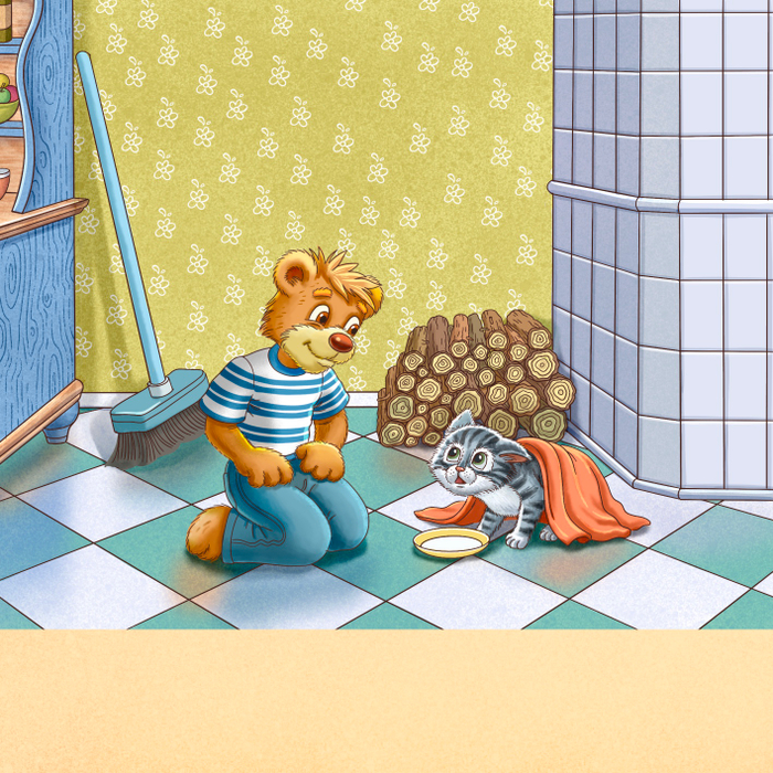 Медвежонок Пашка кормит котенка из книги «Пашкина засыпайка»