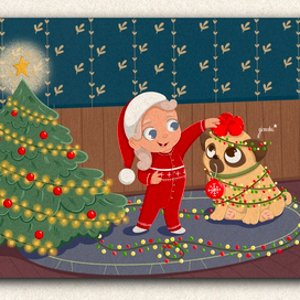 Девчушка с мопсом у ёлки 