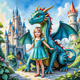 ИИ. Девочка и дракон.Иллюстрация из детской книги. Акварель.