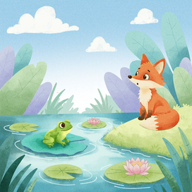 A fox cub by the pond