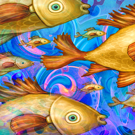 Сказочные рыбы в синем море.