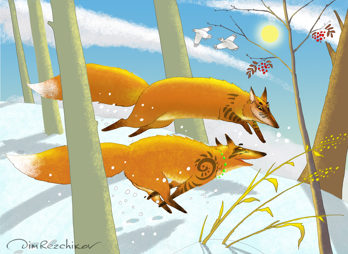 декабрь, две лисы )))