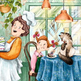 девочка, пирожное и кот