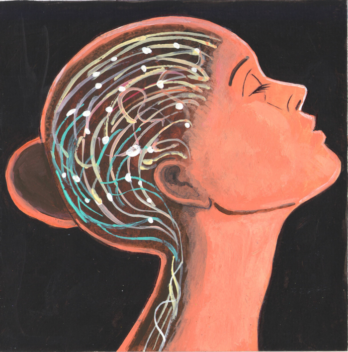 Иллюстрация для детского журнала "А почему?".Рубрика"Со всего света".Иллюстрация с расчётом на уменьшение.Тема:  Исследования нейронных связей головного мозга.Техника: Бумага, акрил,гуашь,тушь. Художник:Марат