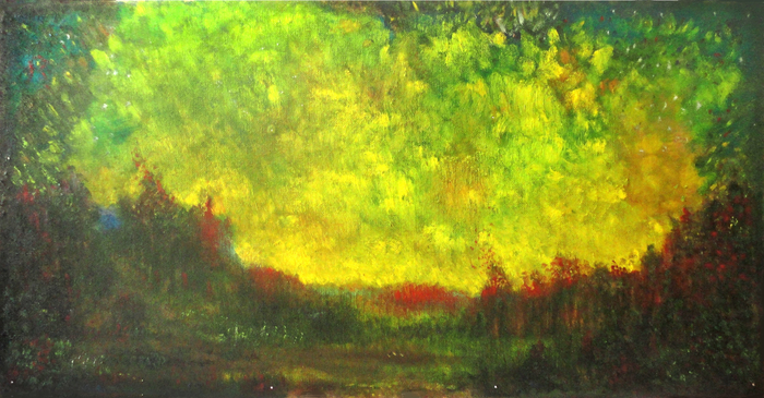 Закат в грибном лесу (картон, масло)