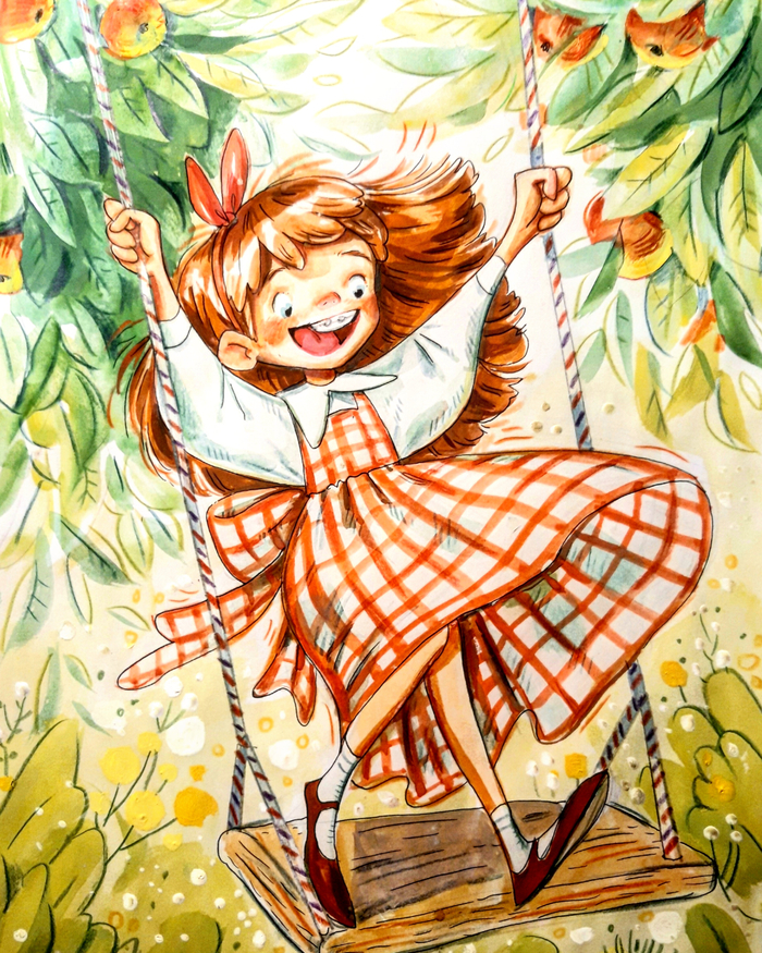 Девочка на качелях в яблонах