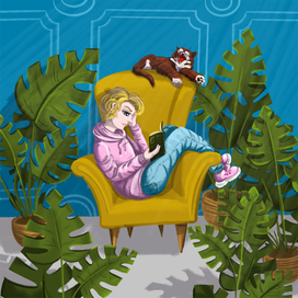 Девушка с котом читает книгу